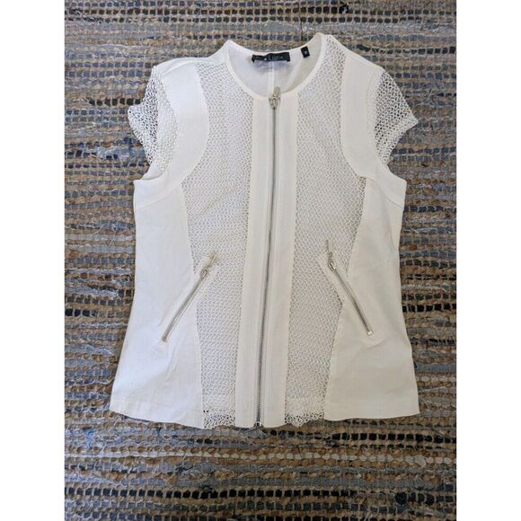 Patrizia Luca Milano Full Zip Mesh White Short Sleeve Jacket Top Small Pockets - Picture 2 of 7